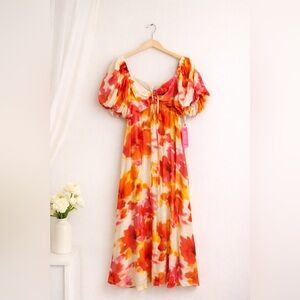 NWT Alex Marie Floral Midi Dress in Orange, Pink and Yellow Size 8 Puff Sleeve